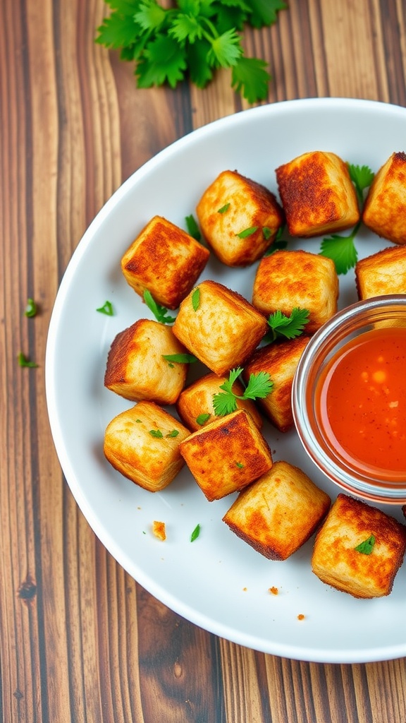 Crispy pork bites on a plate with spicy dipping sauce on a rustic wooden table.